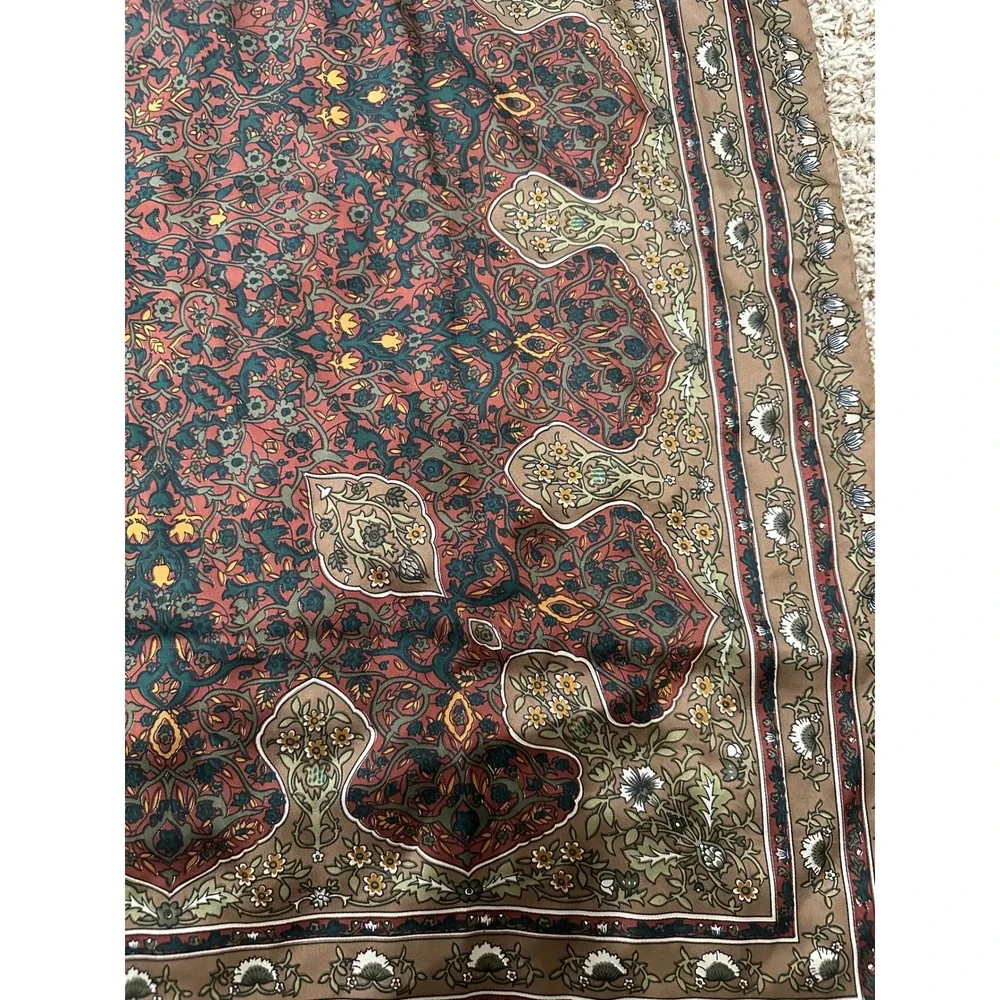 Vintage Style Brown Floral Medallion Square Silk Scarf Boho Earth Tone 34x34